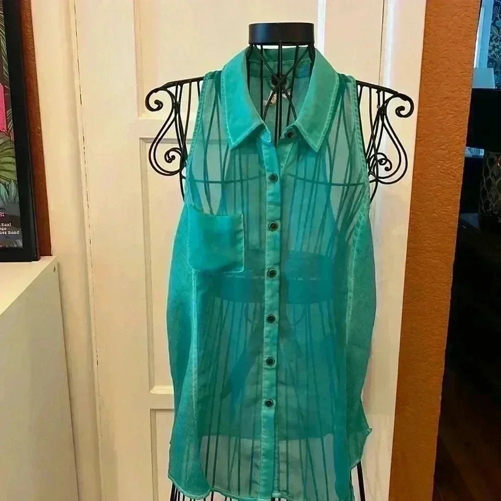 FREE PEOPLE We The Free Women's Green Sheer Collared Tank Top-Sz S
